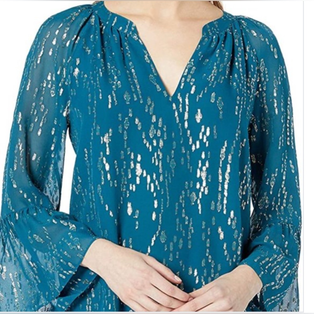 Lilly Pulitzer Cleme Teal Blue Metallic Clip Dot V-Neck Blouse Long Sleeve Top